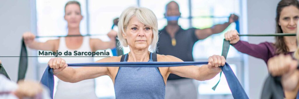 Ilustração sobre exercícios e alimentação no controle da sarcopenia pós-menopausa.